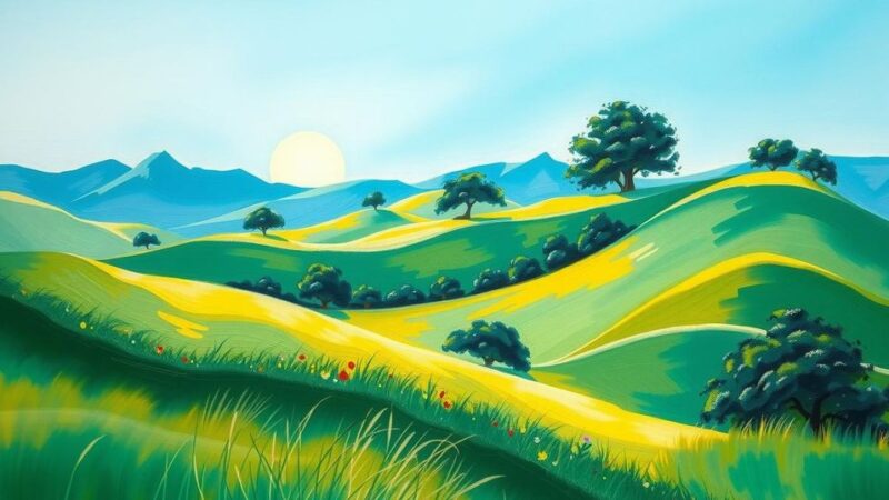 A tranquil landscape of South Sudan highlighting unity and peace, featuring lush green hills and a clear blue sky.