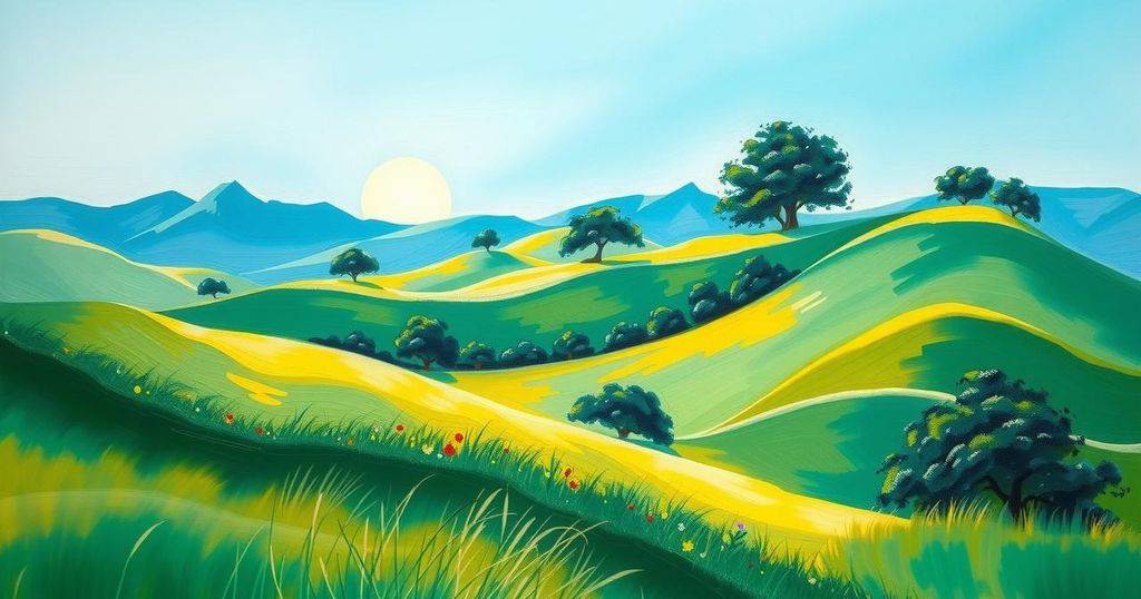 A tranquil landscape of South Sudan highlighting unity and peace, featuring lush green hills and a clear blue sky.