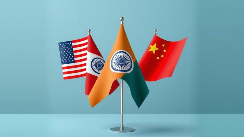 A diplomatic scene with flags of the US, India, and China, symbolizing complex international relations.