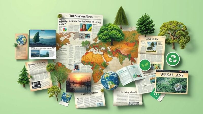 A collage of global media outlets covering climate change with vibrant earth tones and green hues, signifying environmental concern.