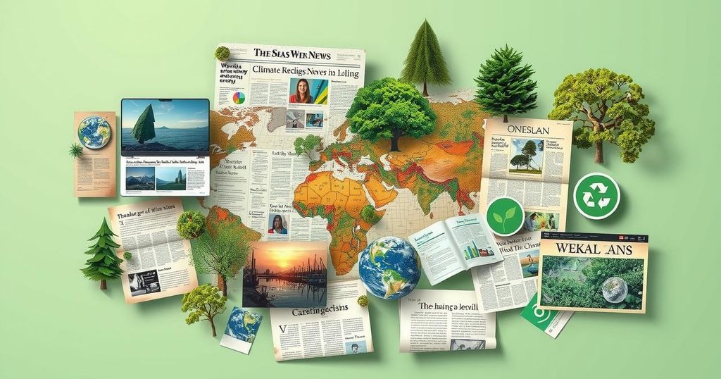 A collage of global media outlets covering climate change with vibrant earth tones and green hues, signifying environmental concern.