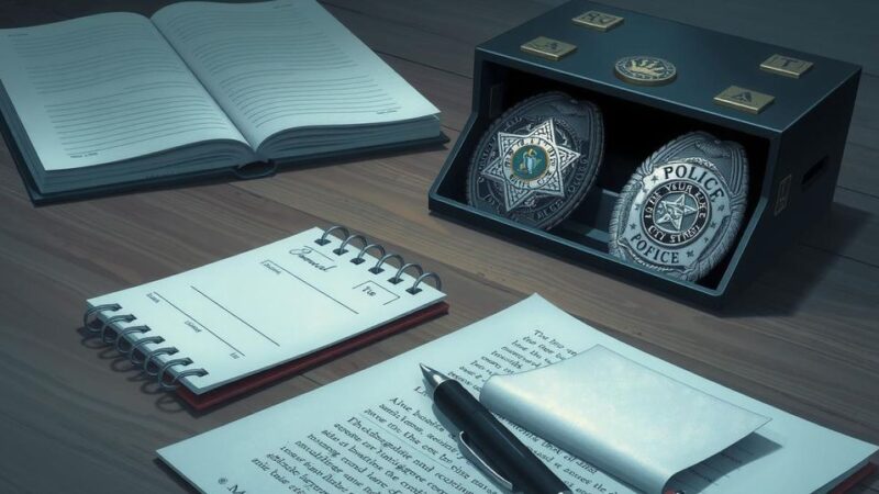 A police officer's badge and a notepad symbolizing investigations, with a muted color palette focusing on blue and gray hues.
