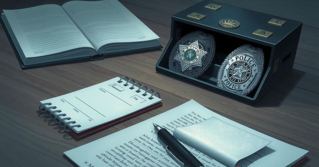 A police officer's badge and a notepad symbolizing investigations, with a muted color palette focusing on blue and gray hues.