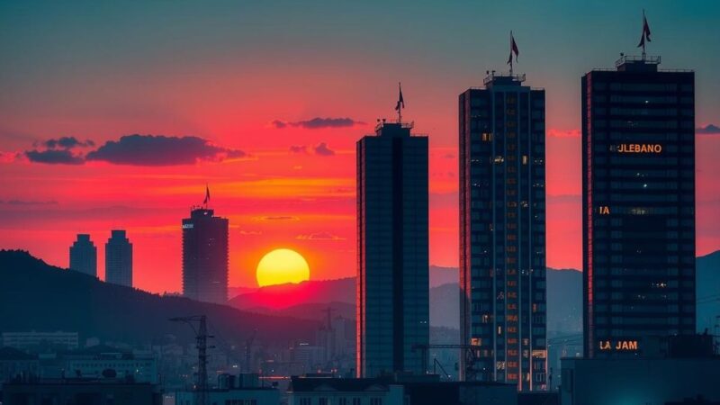 A city skyline in Lebanon at dusk, with illuminated buildings reflecting a sense of economic uncertainty and hope.
