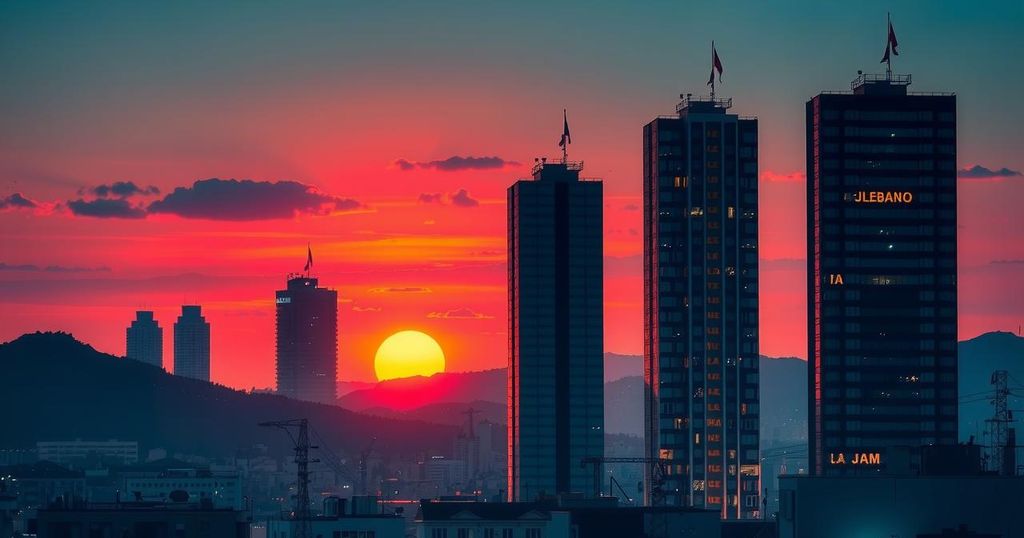 A city skyline in Lebanon at dusk, with illuminated buildings reflecting a sense of economic uncertainty and hope.