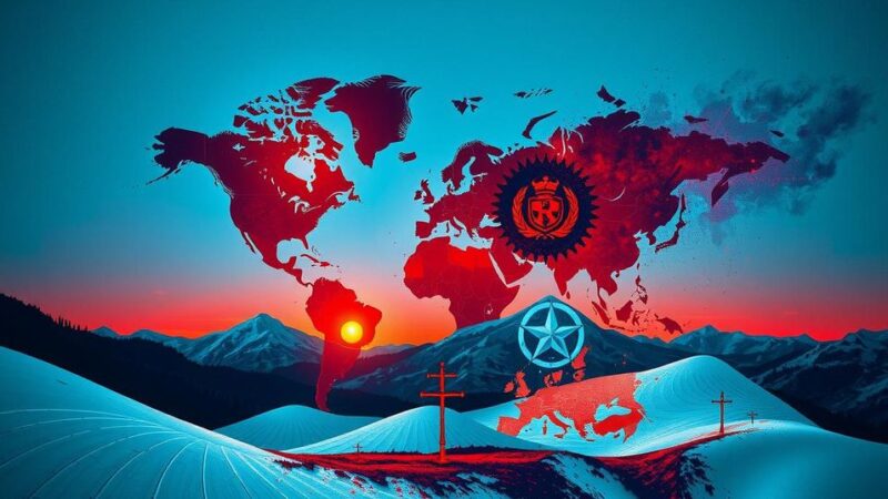 A metaphorical representation of unpredictability in global politics, featuring abstract silhouettes of maps and military symbols.