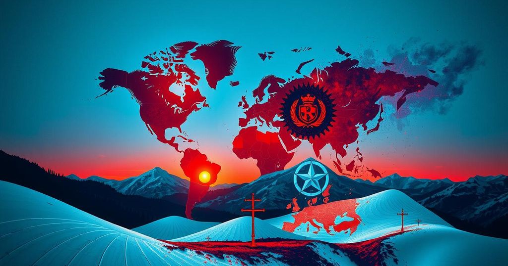 A metaphorical representation of unpredictability in global politics, featuring abstract silhouettes of maps and military symbols.