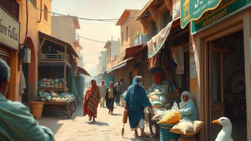 A vibrant street scene in Khartoum's Omdurman, depicting resilience with shops and people returning to life post-conflict.
