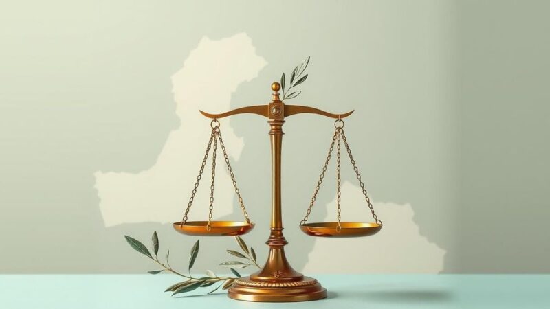 Symbolic representation of Middle Eastern political dynamics featuring a map, olive branch, and balance scales in muted colors.
