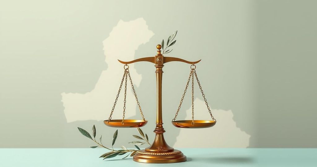 Symbolic representation of Middle Eastern political dynamics featuring a map, olive branch, and balance scales in muted colors.
