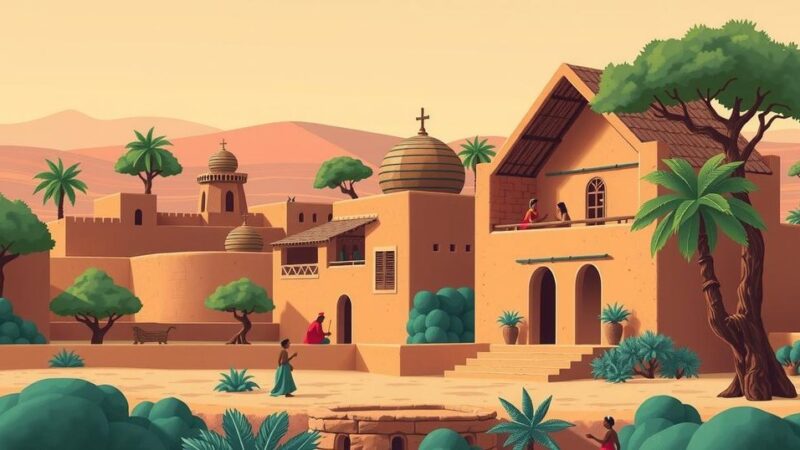 Niger landscape with traditional architecture and vibrant colors illustrating collaboration and partnership themes.