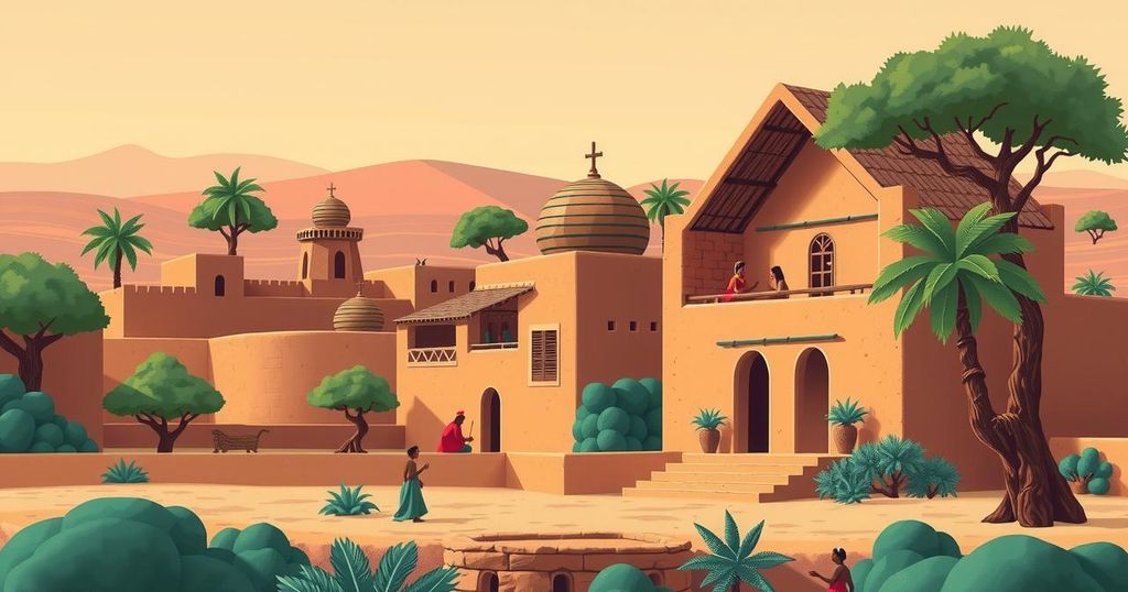 Niger landscape with traditional architecture and vibrant colors illustrating collaboration and partnership themes.