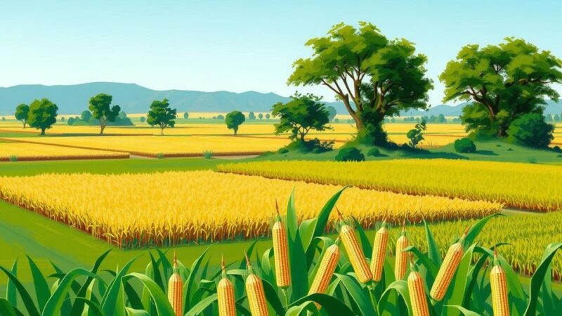 A vibrant agricultural cooperative in South Sudan, depicting unity, growth, and hope with green fields and crops.