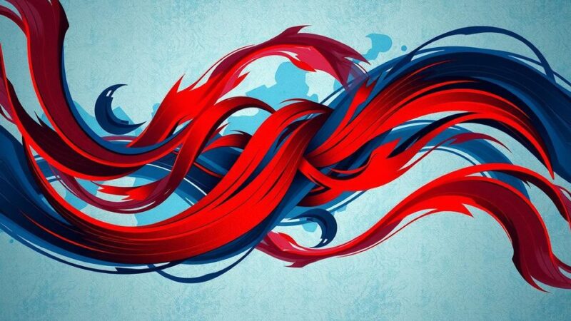 Abstract representation of global tension between nations with blue and red colors symbolizing alliances.