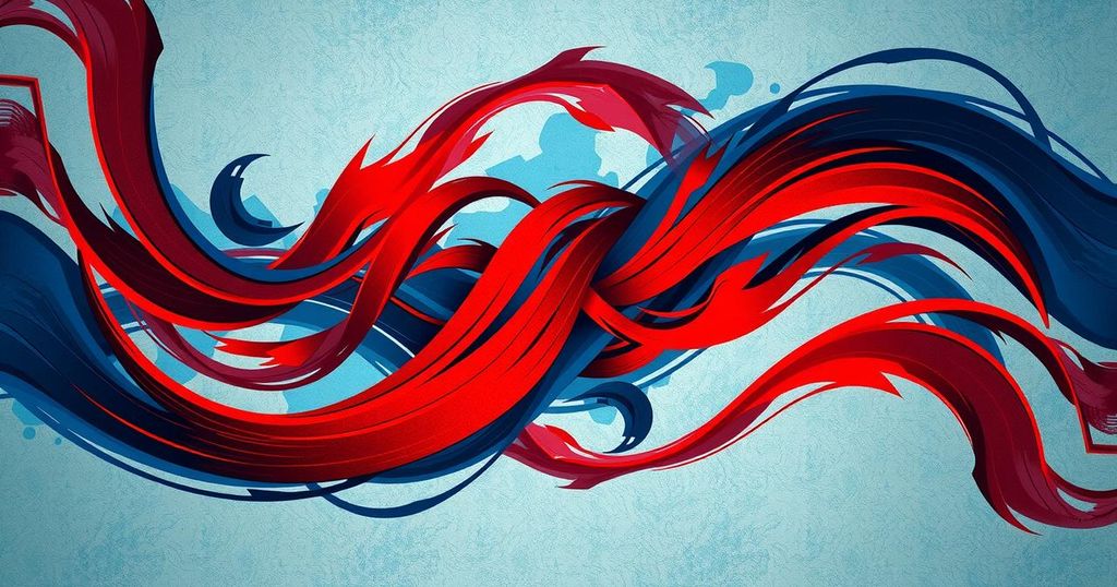 Abstract representation of global tension between nations with blue and red colors symbolizing alliances.