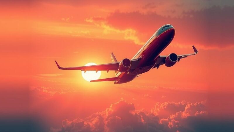 Airplane against a sunset sky, symbolizing international diplomatic travel and global connections.