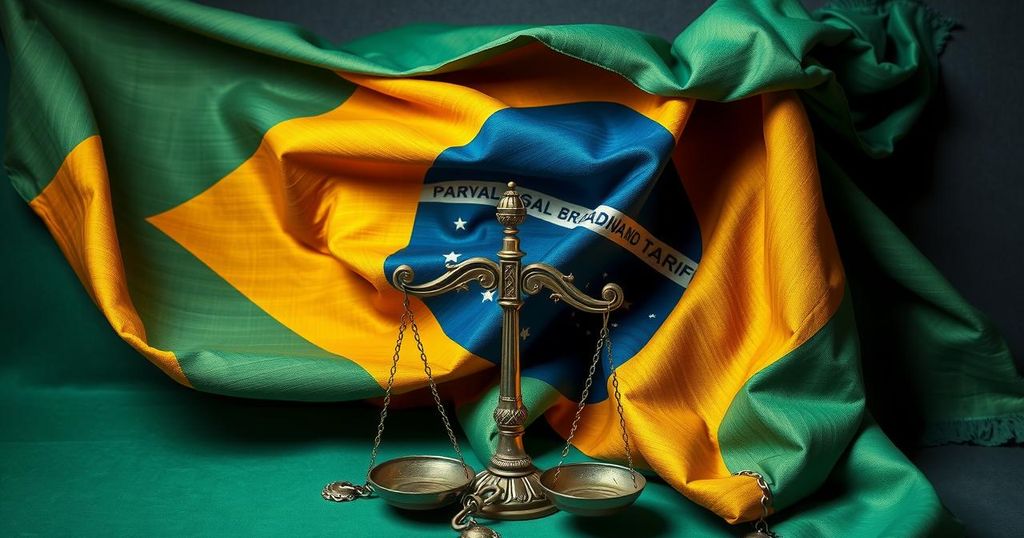 A Brazilian flag with symbolic representations of tariffs, featuring muted colors and strong patterns, conveying tension.