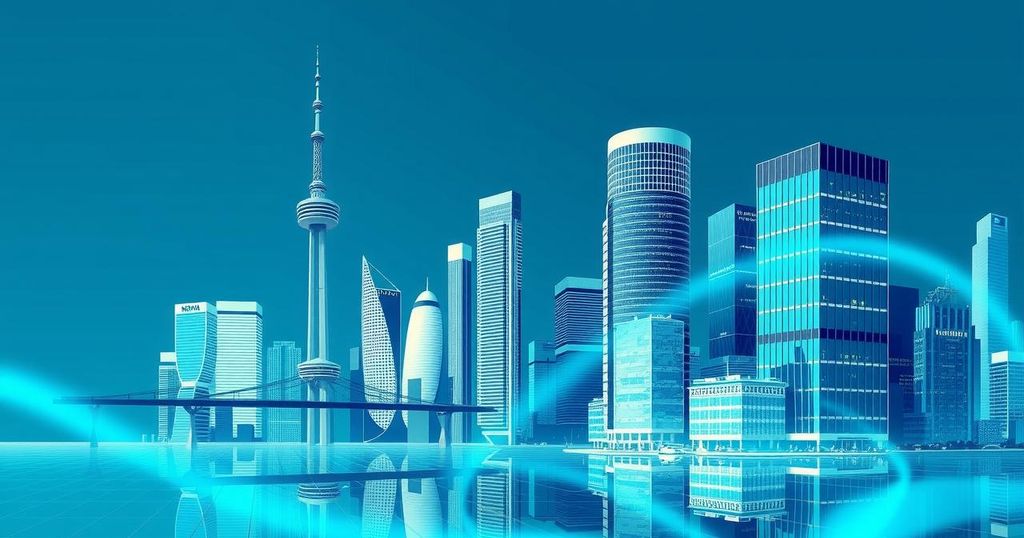 A dynamic digital banking theme with a skyline, symbolizing Revolut's expansion into Argentina and modernization.