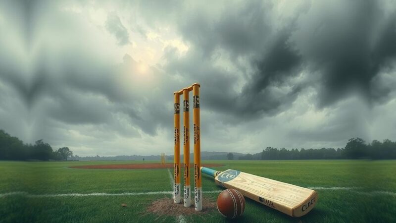 Cricket equipment on a pitch under cloudy skies, representing halted cricket series between India and Bangladesh.