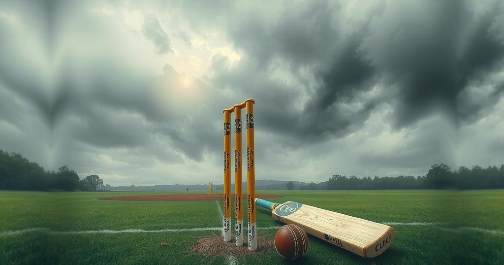 Cricket equipment on a pitch under cloudy skies, representing halted cricket series between India and Bangladesh.