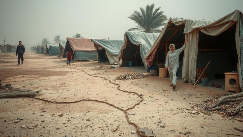 Displaced families seeking shelter with limited resources in a desolate environment.