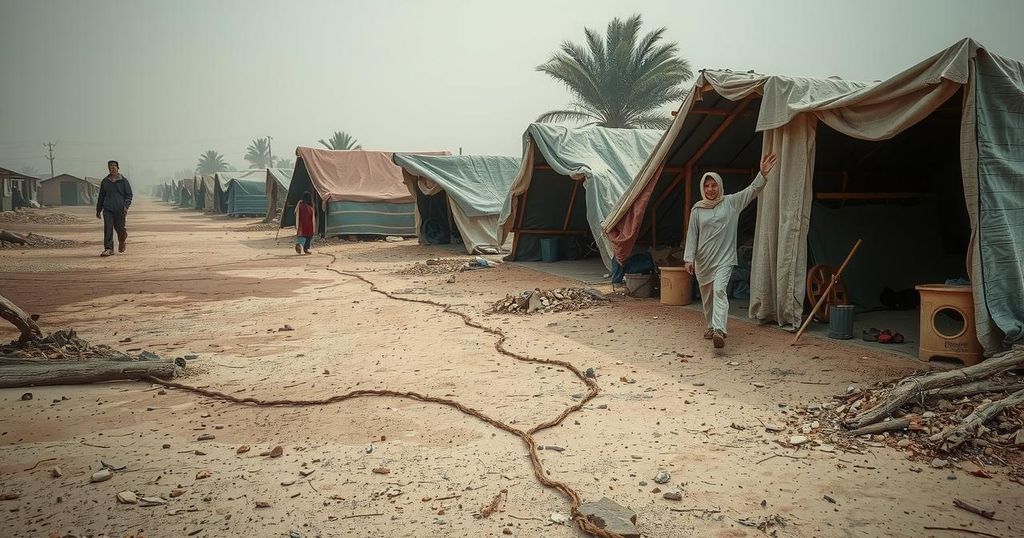 Displaced families seeking shelter with limited resources in a desolate environment.