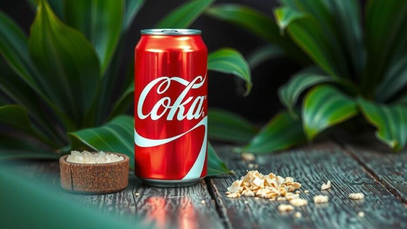 A can of Coke with cane sugar sitting on a wooden table, surrounded by vibrant greenery.