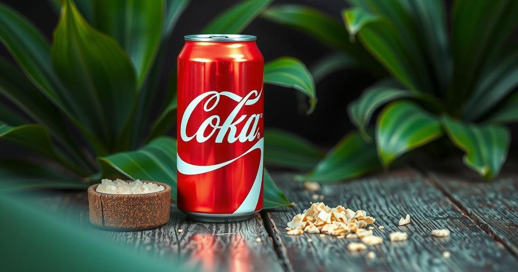 A can of Coke with cane sugar sitting on a wooden table, surrounded by vibrant greenery.