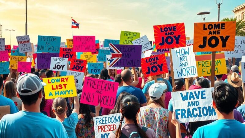 National protests for freedom and celebration, featuring colorful signs and diverse expressions of unity.