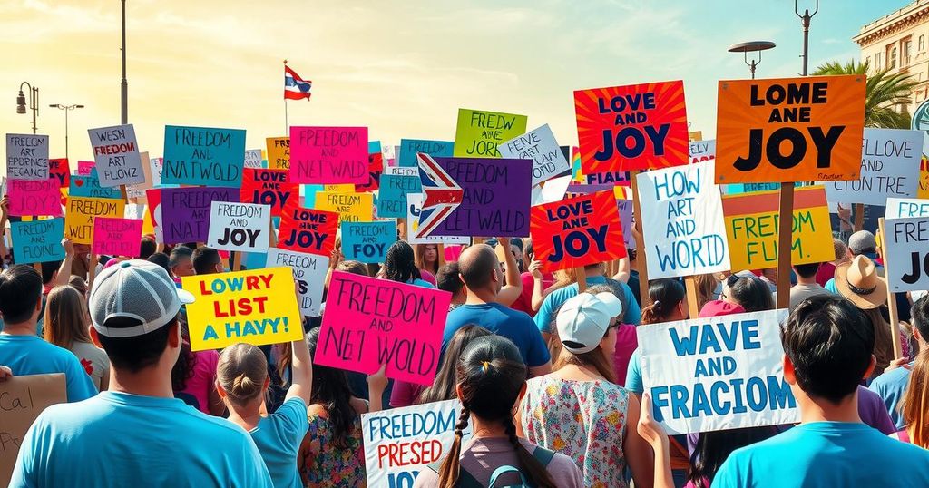 National protests for freedom and celebration, featuring colorful signs and diverse expressions of unity.