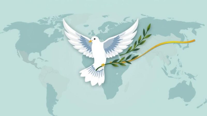 Map illustration showing conflict zones, featuring a dove and olive branch symbolizing peace and diplomacy.