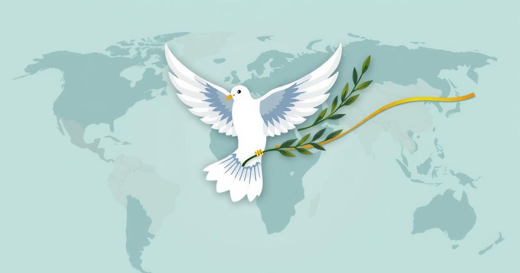 Map illustration showing conflict zones, featuring a dove and olive branch symbolizing peace and diplomacy.