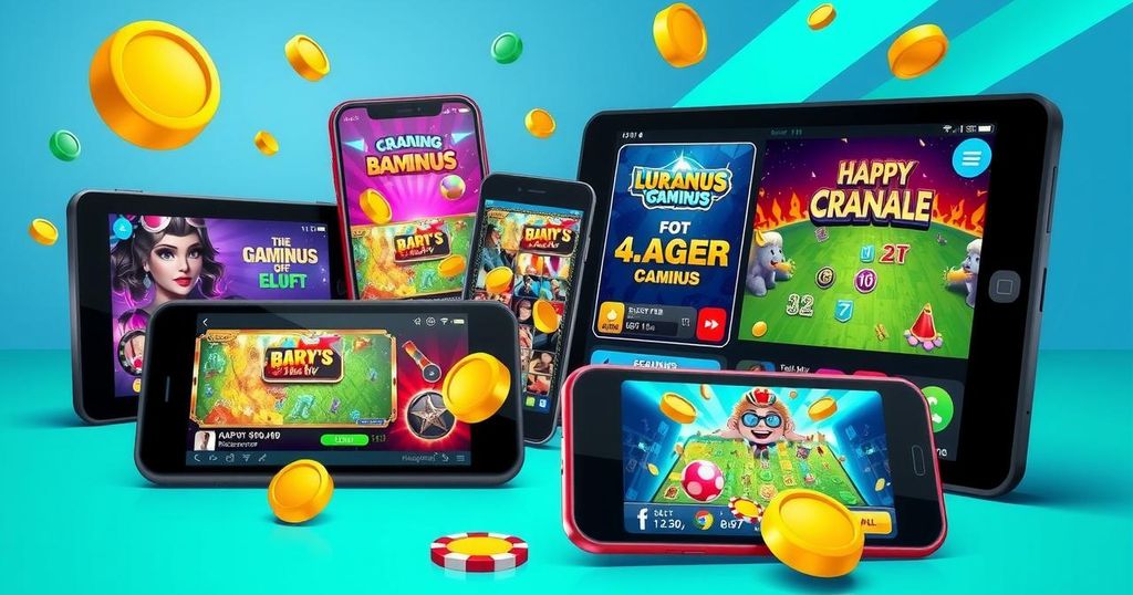 A vibrant digital betting scene showcasing mobile devices with gaming interfaces, depicting iGaming trends in South Africa.