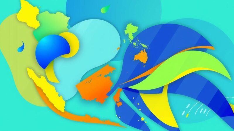 Colorful representation of Southeast Asian nations' economic cooperation and innovation in an abstract style.