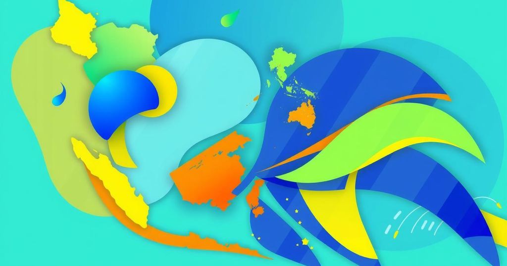 Colorful representation of Southeast Asian nations' economic cooperation and innovation in an abstract style.