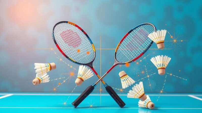 Two badminton racquets crossed on a vibrant background with shuttlecocks in motion, embodying sportsmanship and competition.