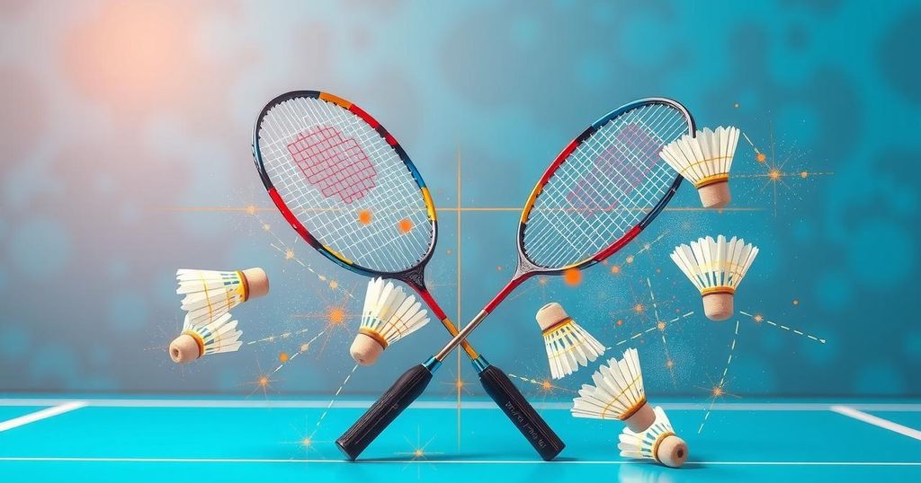 Two badminton racquets crossed on a vibrant background with shuttlecocks in motion, embodying sportsmanship and competition.