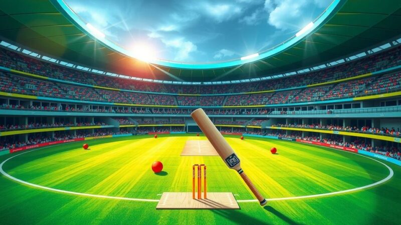 A vibrant cricket scene featuring a stadium with a lush green field and equipment in action during a match.