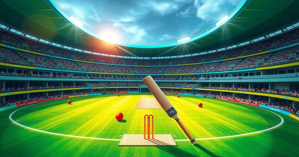 A vibrant cricket scene featuring a stadium with a lush green field and equipment in action during a match.