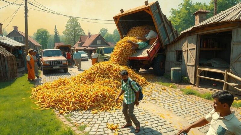 A truck spilling manure on a street, depicting political tensions in Argentina with a chaotic scene.