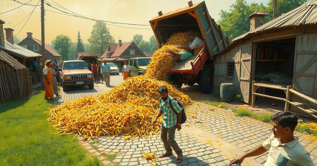 A truck spilling manure on a street, depicting political tensions in Argentina with a chaotic scene.