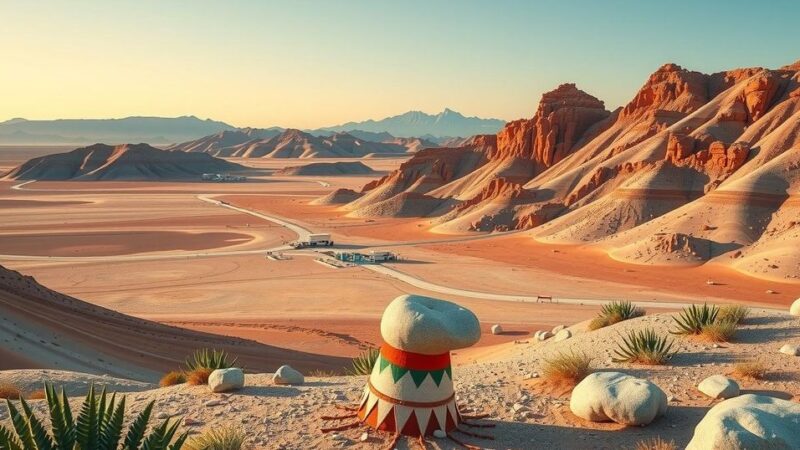 Desert landscape with lithium mining elements and indigenous symbols, emphasizing environmental harmony.
