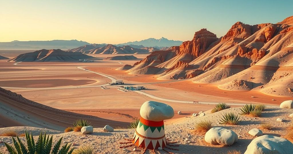 Desert landscape with lithium mining elements and indigenous symbols, emphasizing environmental harmony.