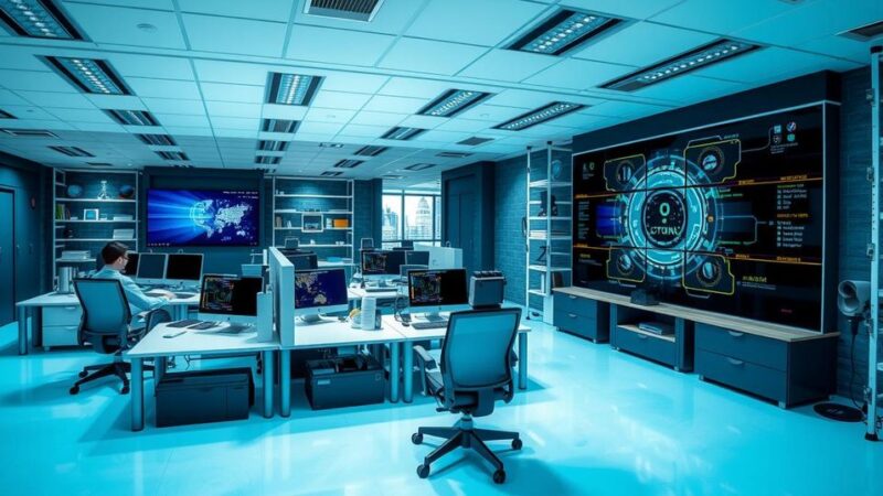A modern cybersecurity office showcasing AI tools and professional training for Nigerian businesses, vibrant color scheme.
