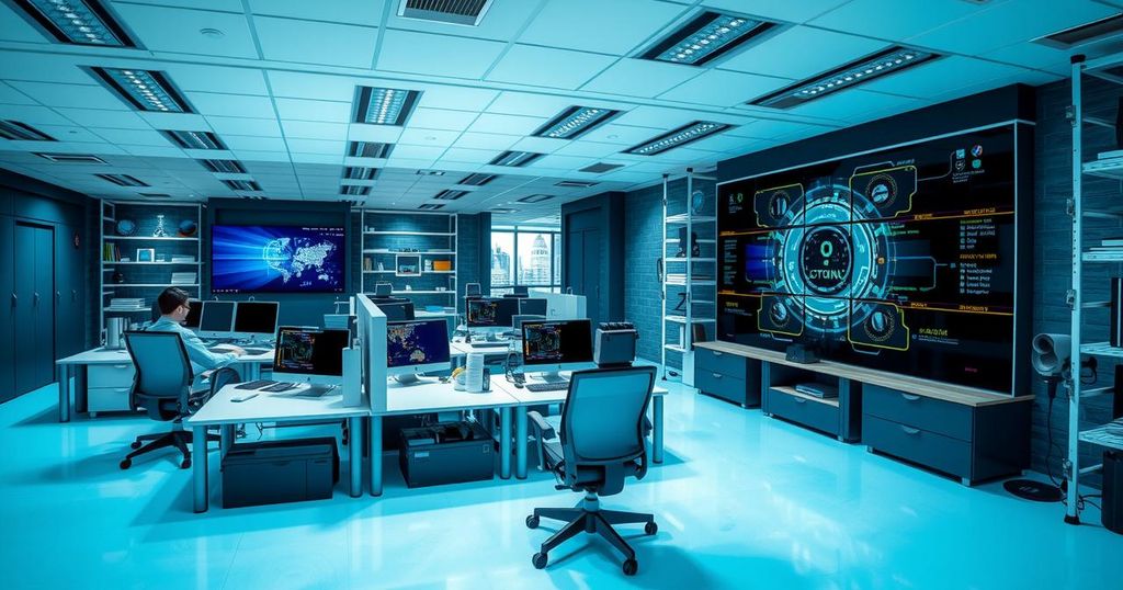 A modern cybersecurity office showcasing AI tools and professional training for Nigerian businesses, vibrant color scheme.