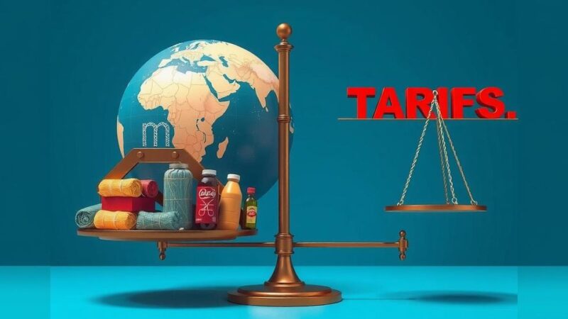 A dramatic representation depicting tariffs with scales balancing a globe and goods, in a red, white, and blue thematic color scheme.