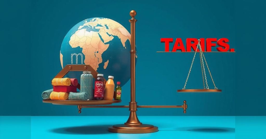 A dramatic representation depicting tariffs with scales balancing a globe and goods, in a red, white, and blue thematic color scheme.