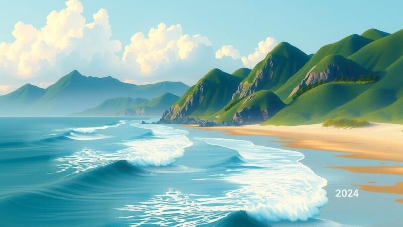 North Korea's coastal city with scenic mountains, symbolizing support for Russia, in soft blue and green tones.