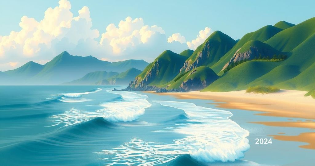 North Korea's coastal city with scenic mountains, symbolizing support for Russia, in soft blue and green tones.