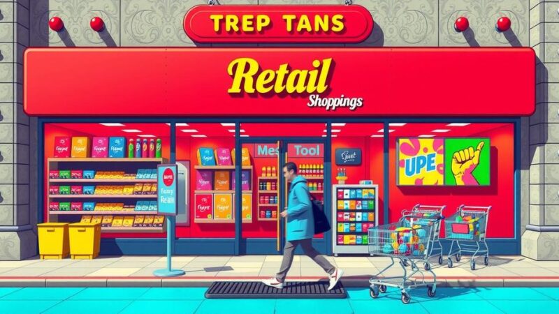 A storefront with a clear sign, showcasing a vibrant market scene with shopping carts and colorful displays